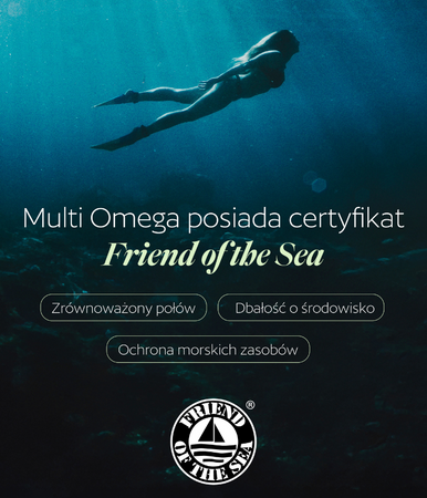 Pyszny olej zamknięty w szklanej butelce - skoncentrowana formuła kwasów tłuszczowych Omega 3-6-9  w formie estrów etylowych oraz witamin.